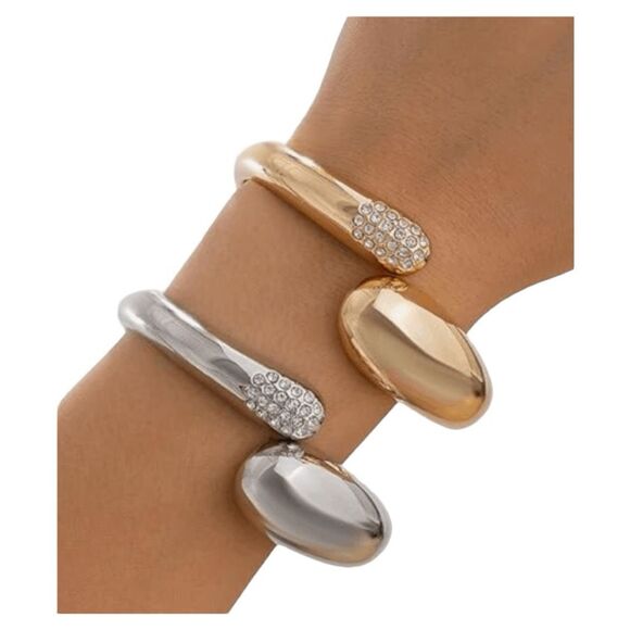 Teardrop Bangle Bracelet Set Gold Silver Rhinestone Chunky Cuff 18K Gold Plated - Picture 1 of 3
